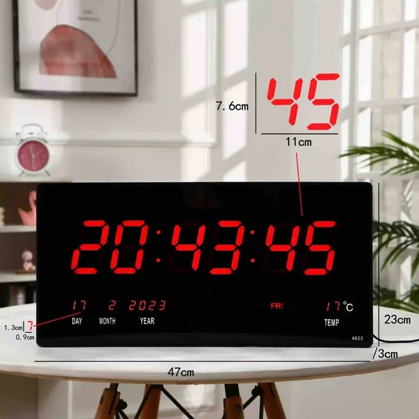 Veliki digitalni LED sat s kalendarom i temperaturom, 46 × 22 cm