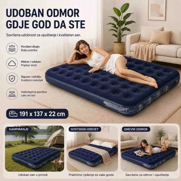 Dušek na naduvavanje za goste i kampovanje, tamnoplavi