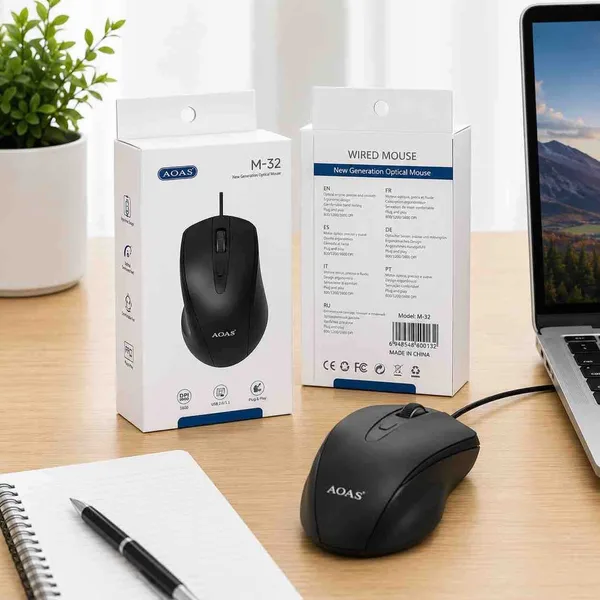 Žičani optički USB miš, ergonomski, crni
